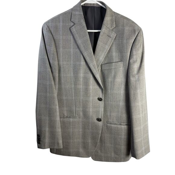 Michael Kors Men's Modern-Fit Poly-Blend Suit Jacket Lt Grey/Blue‎ Plaid 42R EUC - Picture 1 of 15
